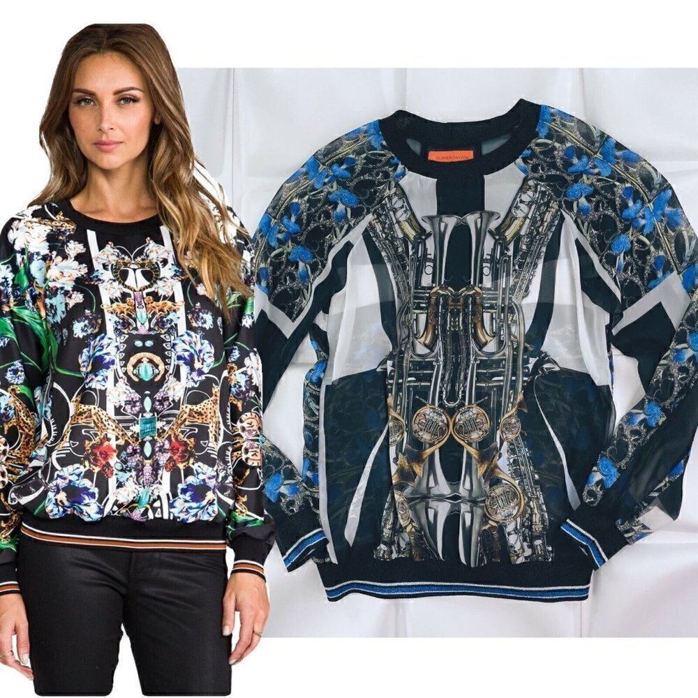 Clover Canyon Sz S Chiffon Sheer Trumpet French Horn Saxophone Print Blouse Top